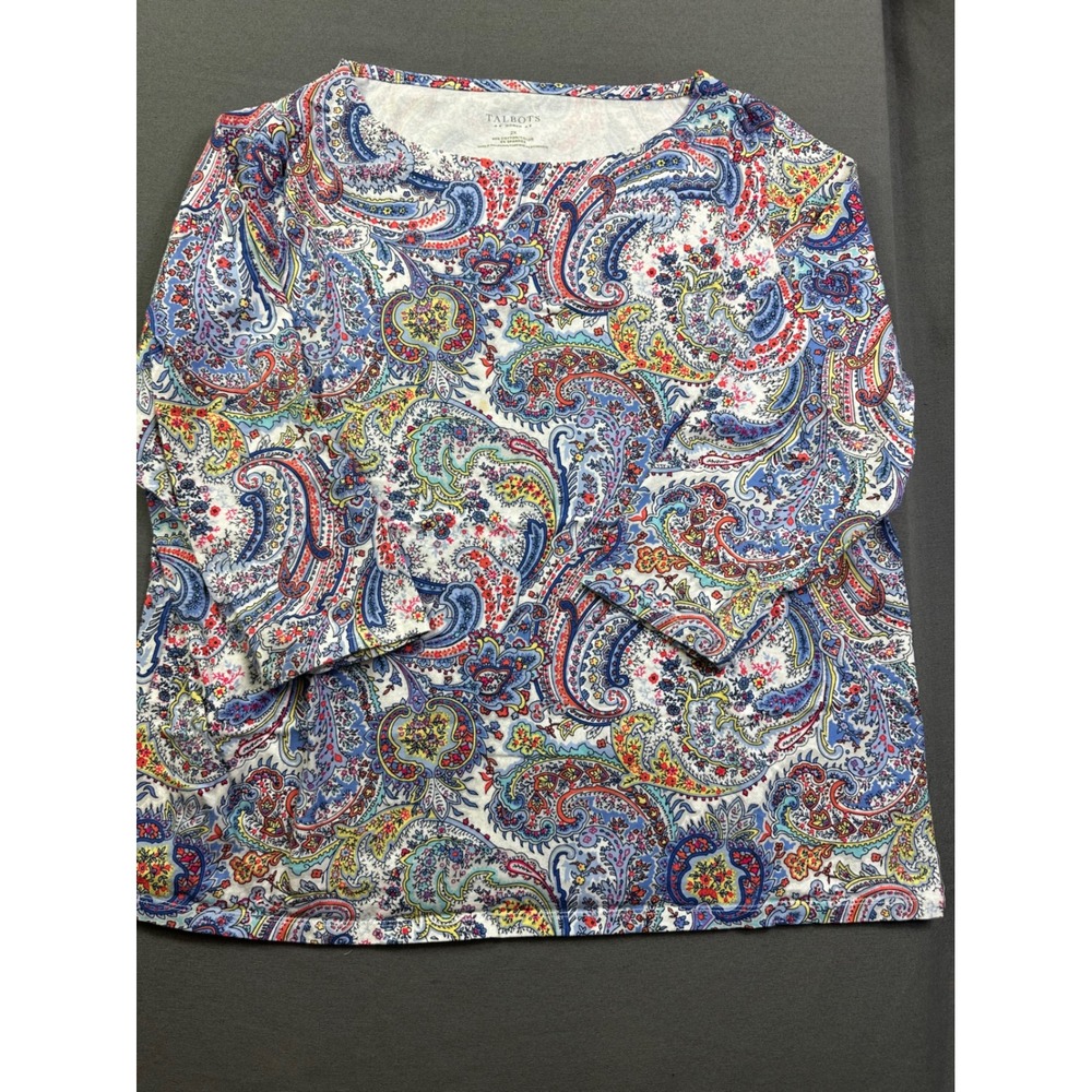 Talbots Women 2X Paisley Boatneck 3/4 Sleeve Cotton Modal Stretch Top Multi